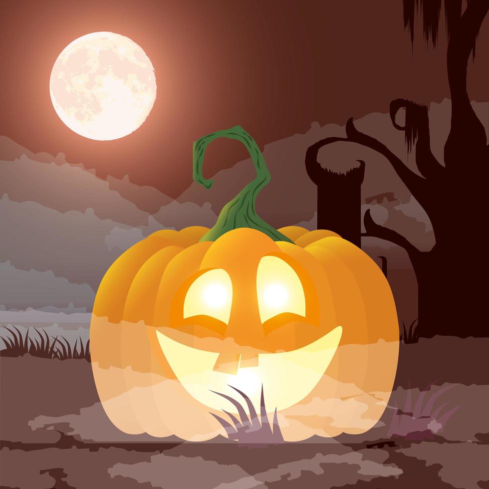 escena de la noche oscura de halloween con calabaza vector