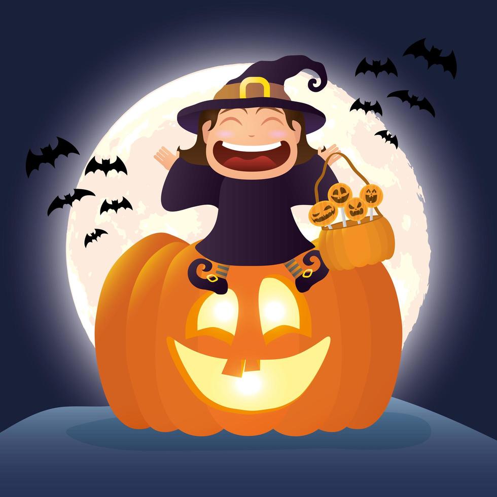escena oscura de halloween con calabaza y niño disfrazado de bruja vector