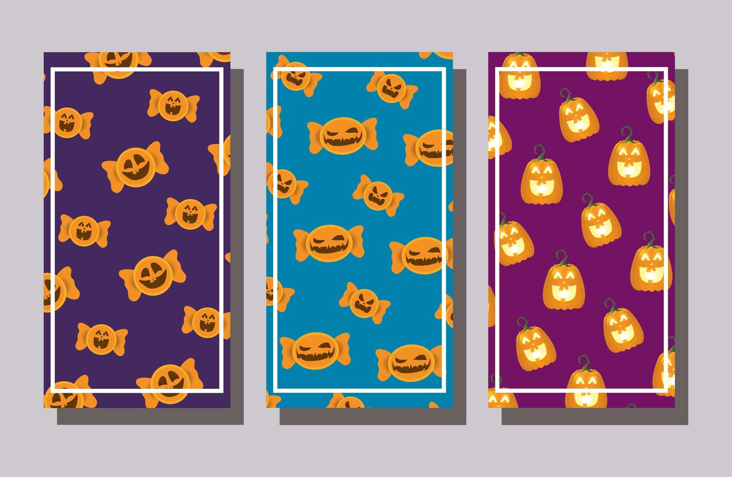Bundle of Halloween candies and pumpkins patterns background vector