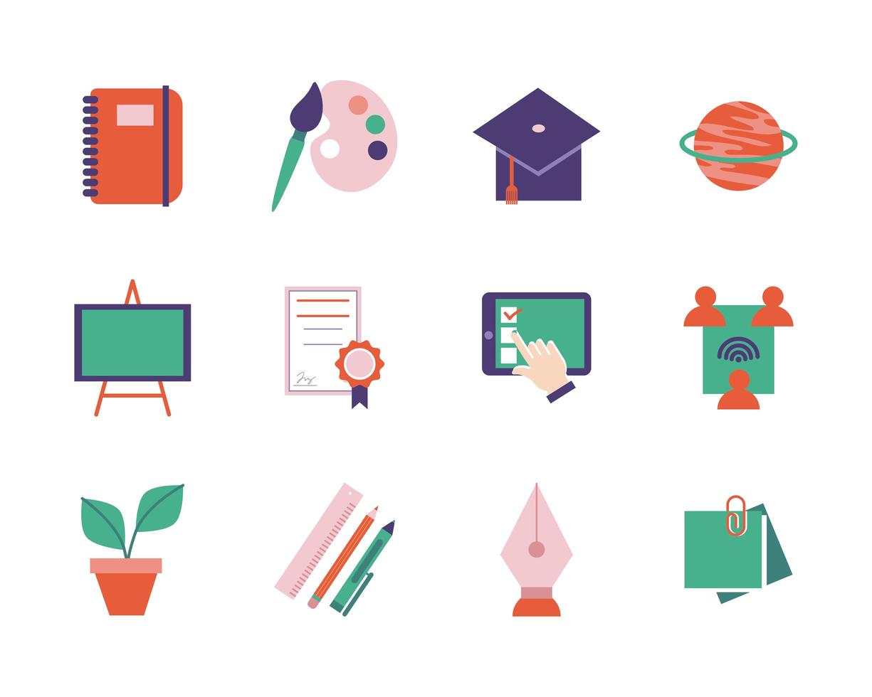 conjunto de iconos de estilo plano escolar y educativo vector