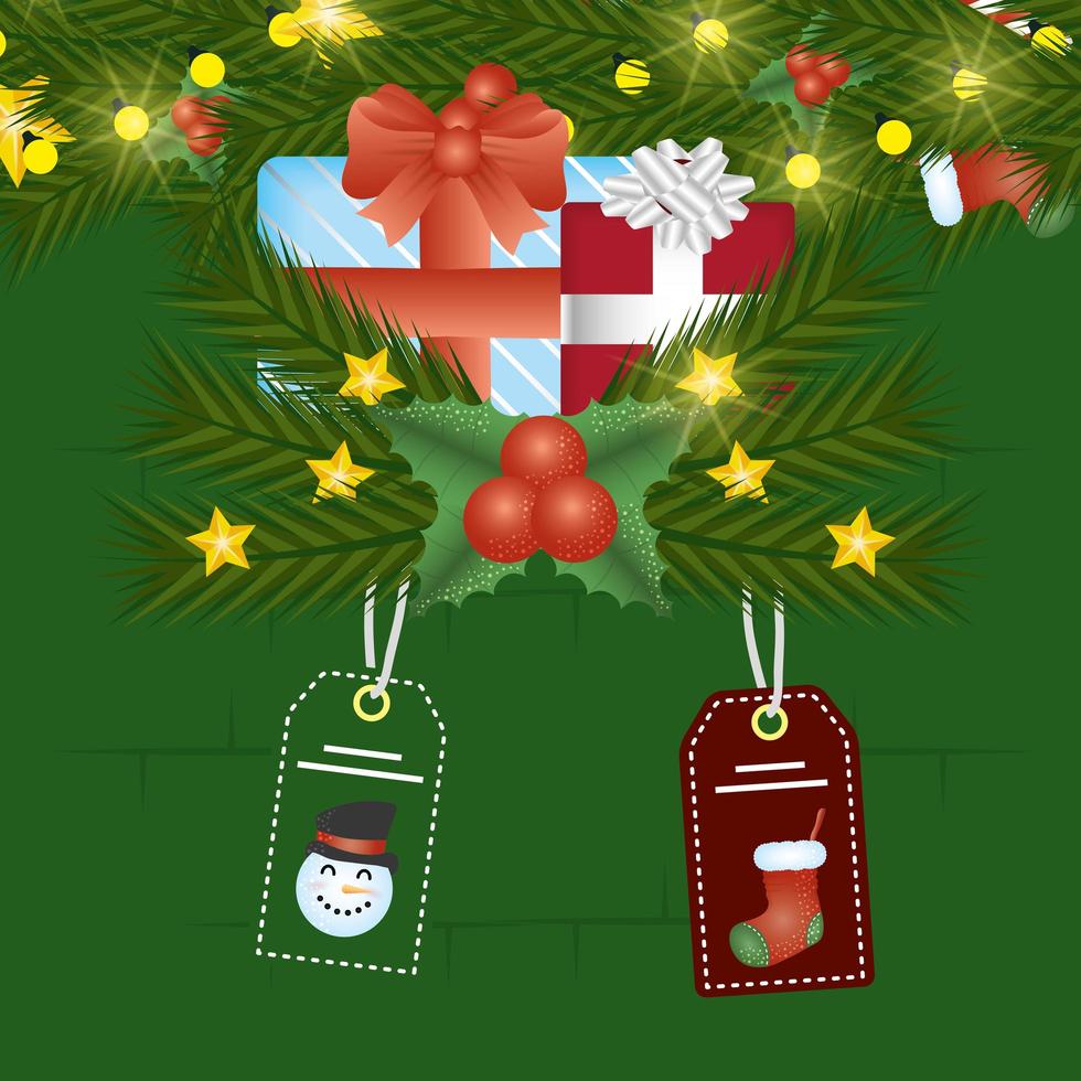 feliz navidad tarjeta con regalos y etiquetas colgando vector