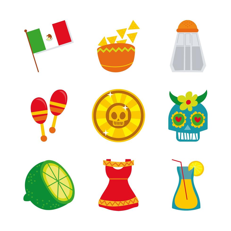 conjunto de iconos planos de cultura mexicana vector