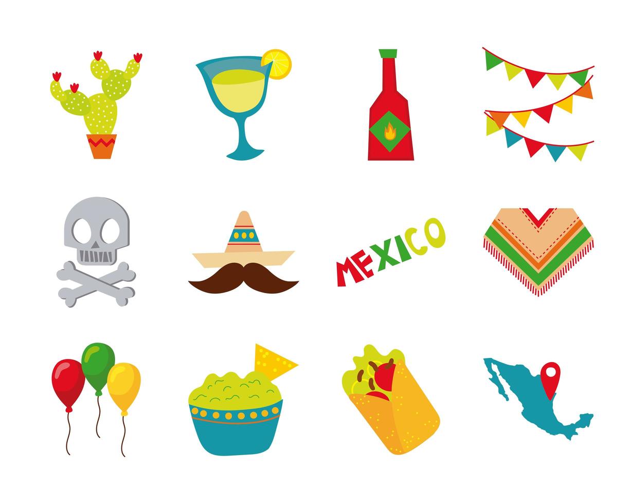 conjunto de iconos planos de cultura mexicana vector