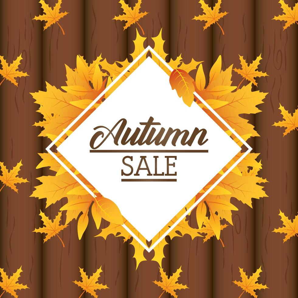 Banner de venta de otoño con follaje y marco de diamante. vector