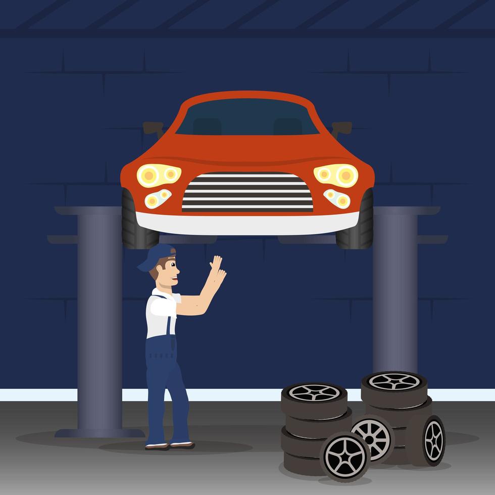 man mechanic working in a car, changing the tires vector