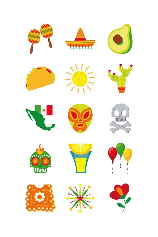 conjunto de iconos planos de cultura mexicana vector
