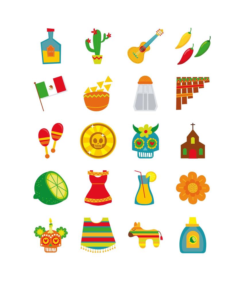 conjunto de iconos planos de cultura mexicana vector