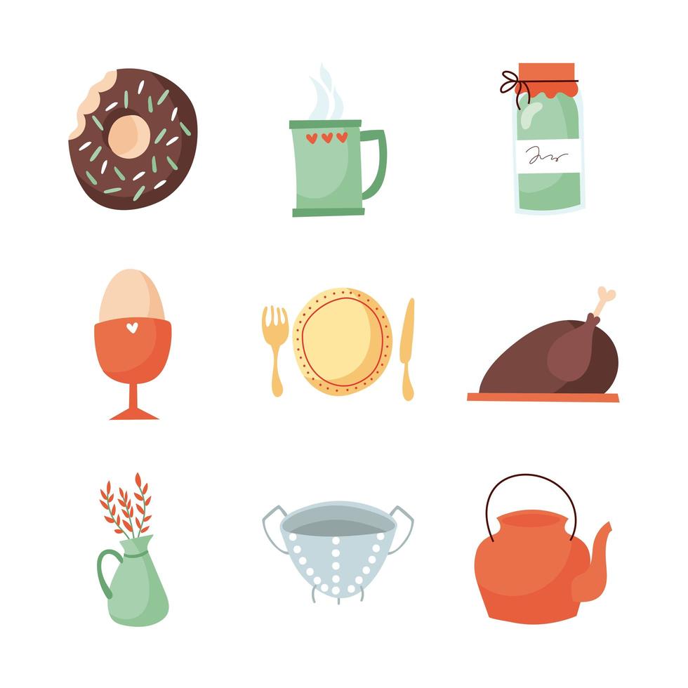 conjunto de iconos planos de cocina y comida vector