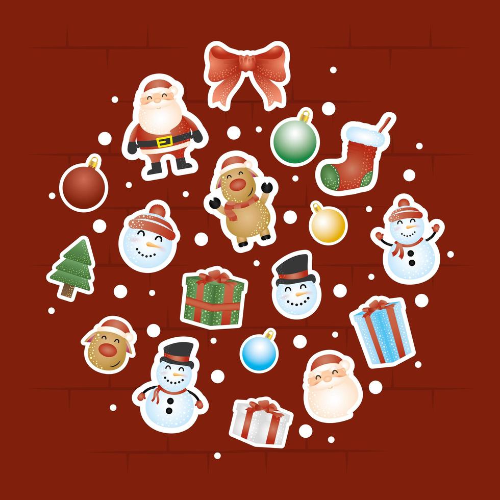 merry christmas card with characters in a round shape vector