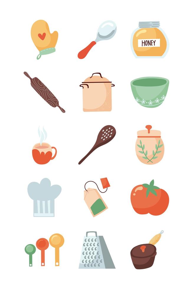 conjunto de iconos planos de cocina y comida vector