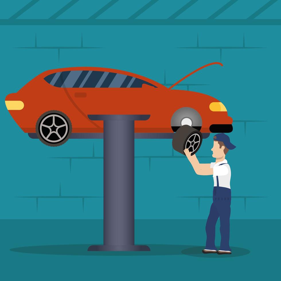 man mechanic working in a car, changing the tires vector