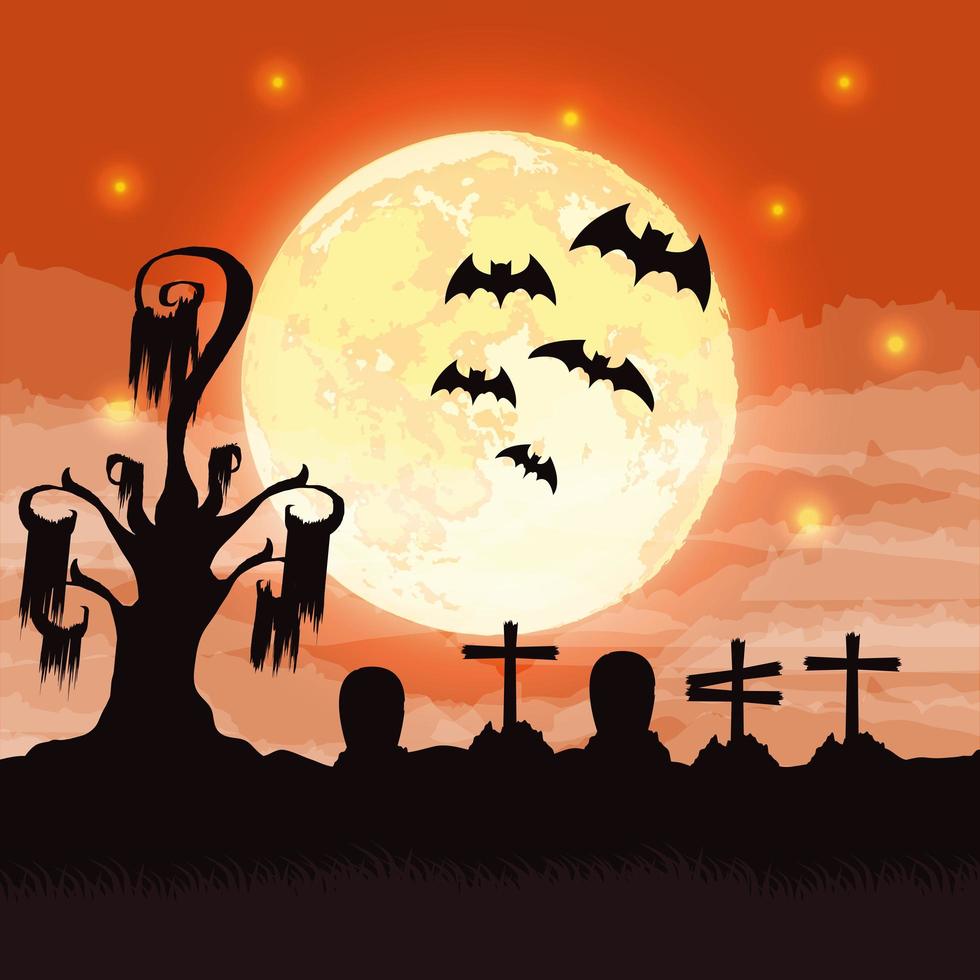 Halloween dark cemetery night scene vector