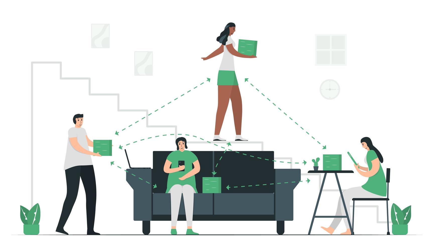 People use blockchain to make database together. vector