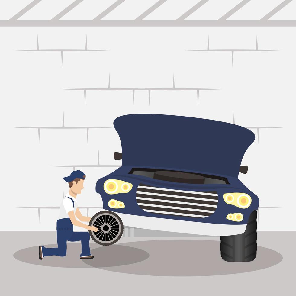 Hombre mecánico trabajando en un coche, cambiando los neumáticos. vector