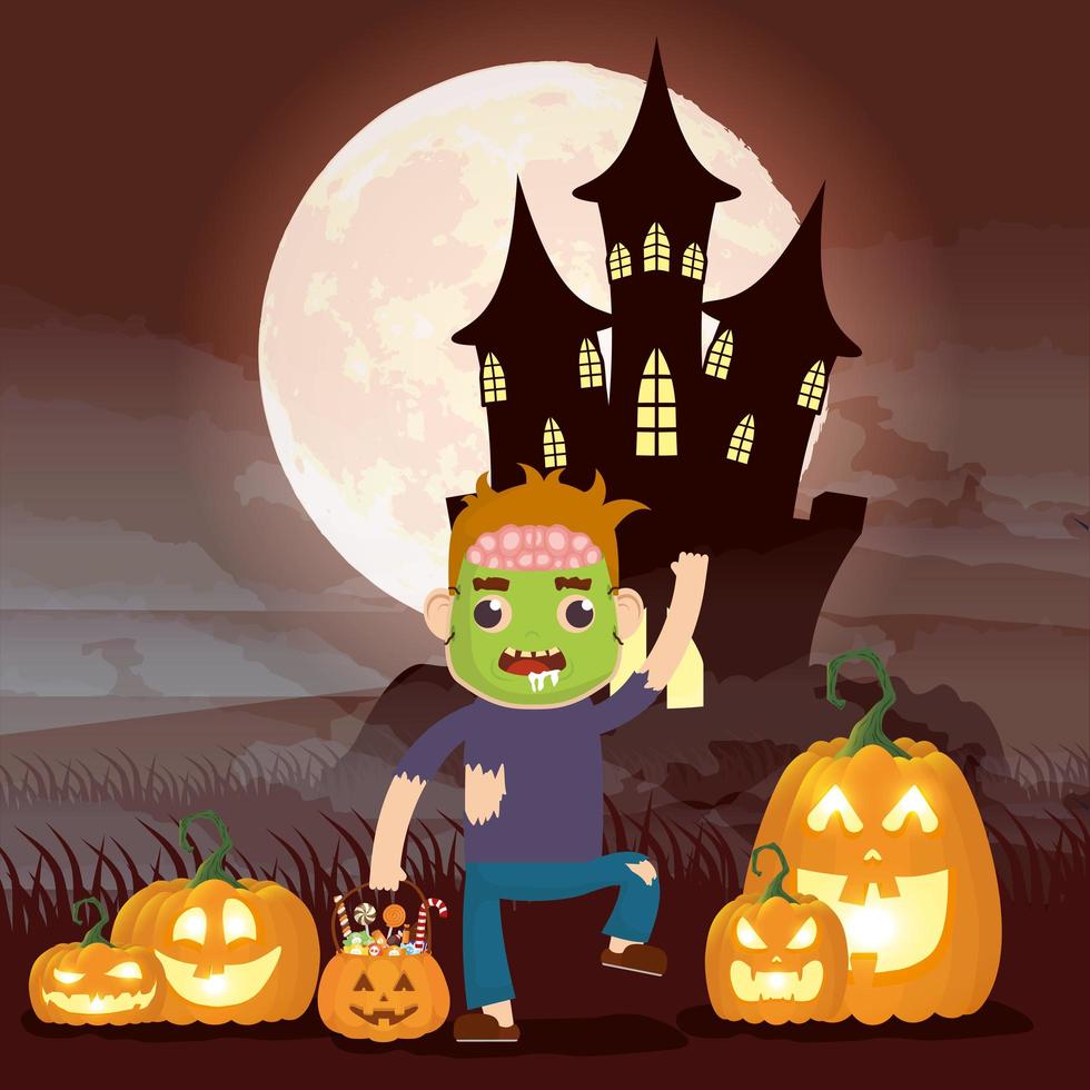 Halloween dark scene with pumpkin and kid in a monster costume vector