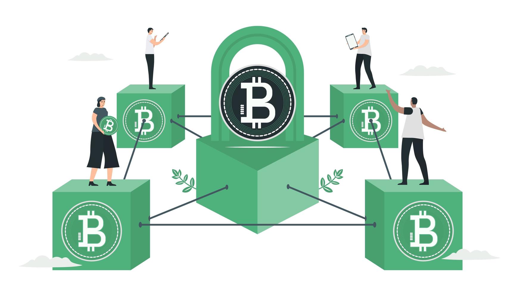 People use blockchain to make database together. vector
