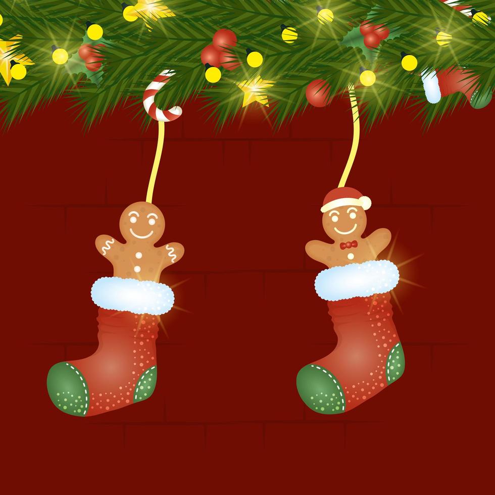 tarjeta de feliz navidad con galletas de jengibre en calcetines vector