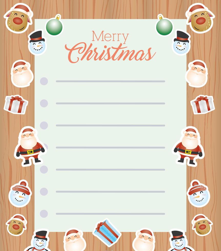 tarjeta de feliz navidad con hoja de letras y personajes vector