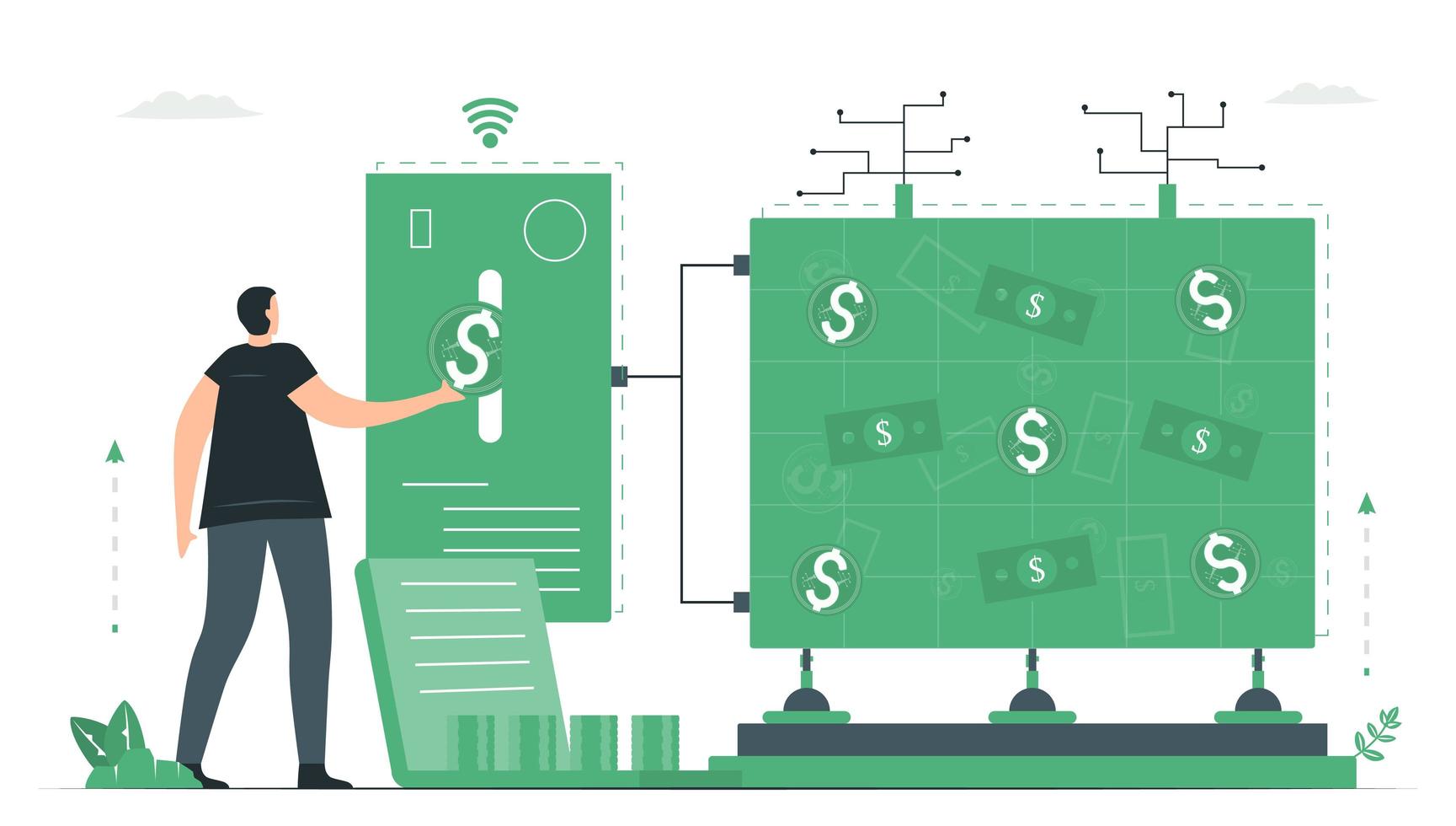 The man uses online banking to conduct a range of financial transactions through financial website. vector