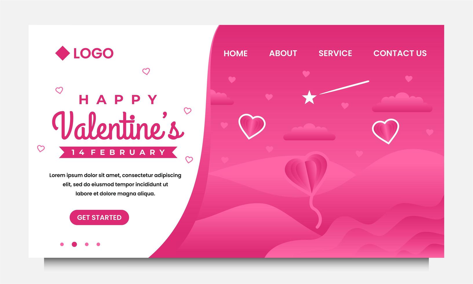 Plantilla de diseño de página de destino de feliz día de San Valentín con paisaje y fondo rosa vector
