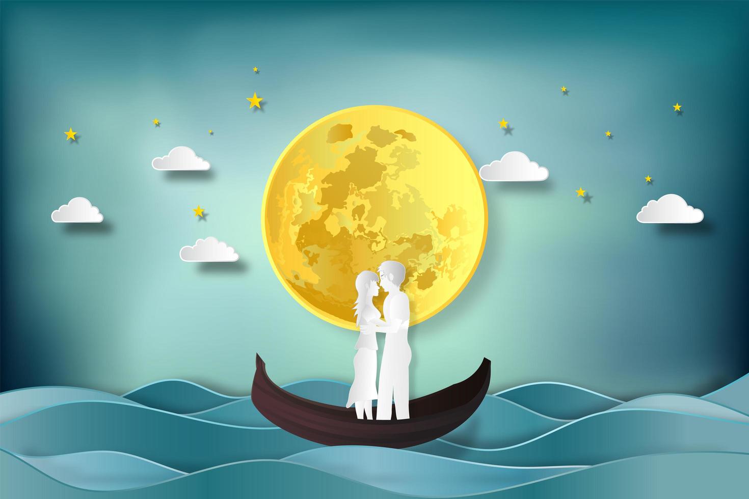 Paper cut and digital craft style of lovers in boat vector