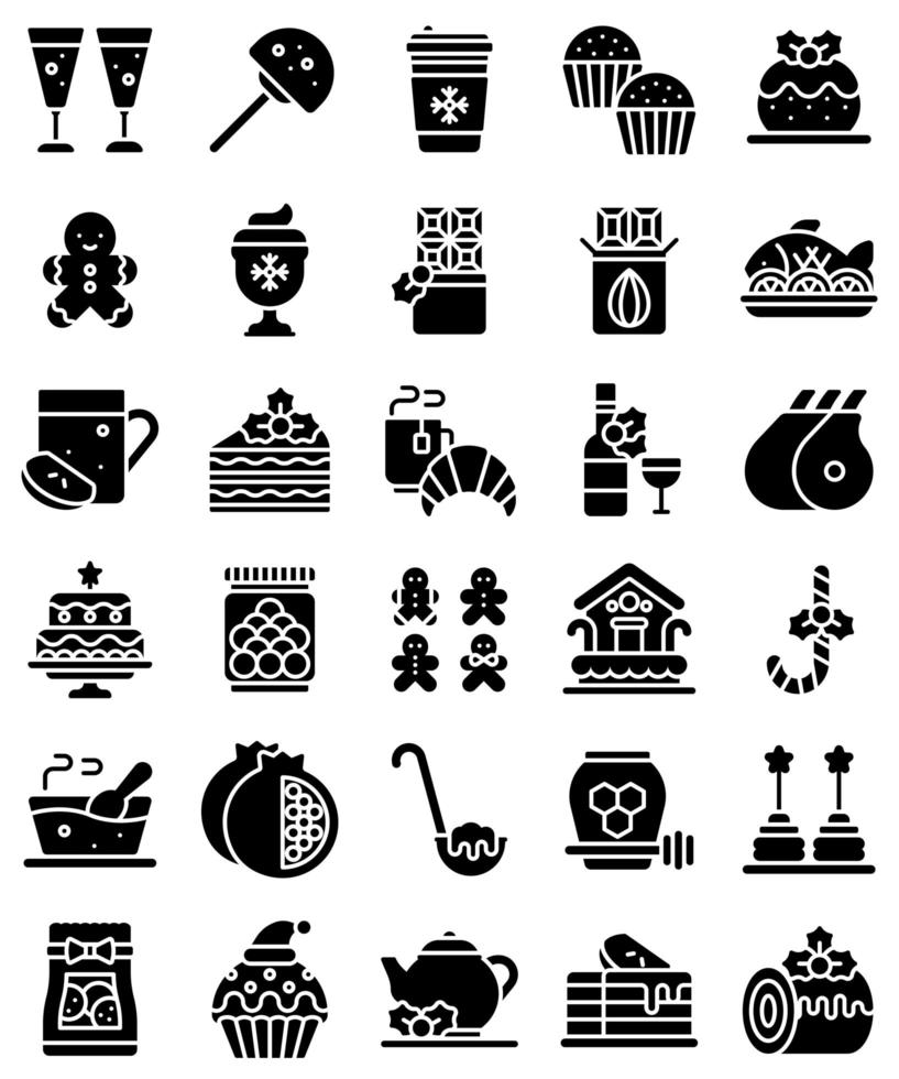 Christmas food and drinks solid icon set vector