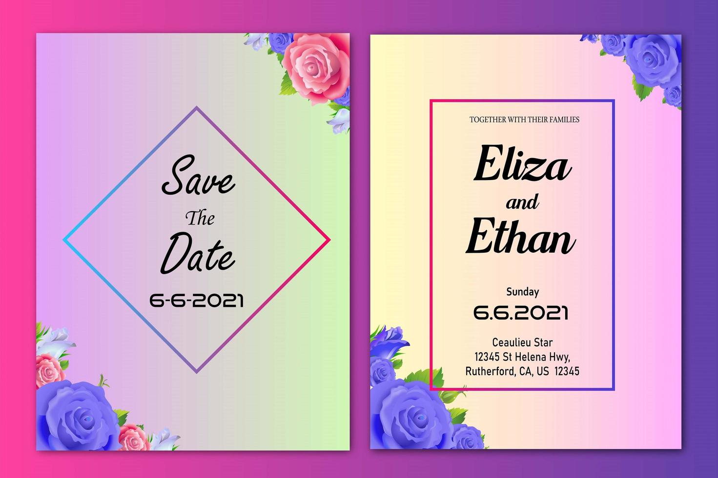 Wedding invitation card with colorful flower frame. Beautiful card background. Set card template vector
