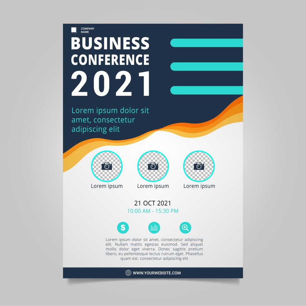 Plantilla de folleto de conferencia de negocios plana con formas onduladas vector