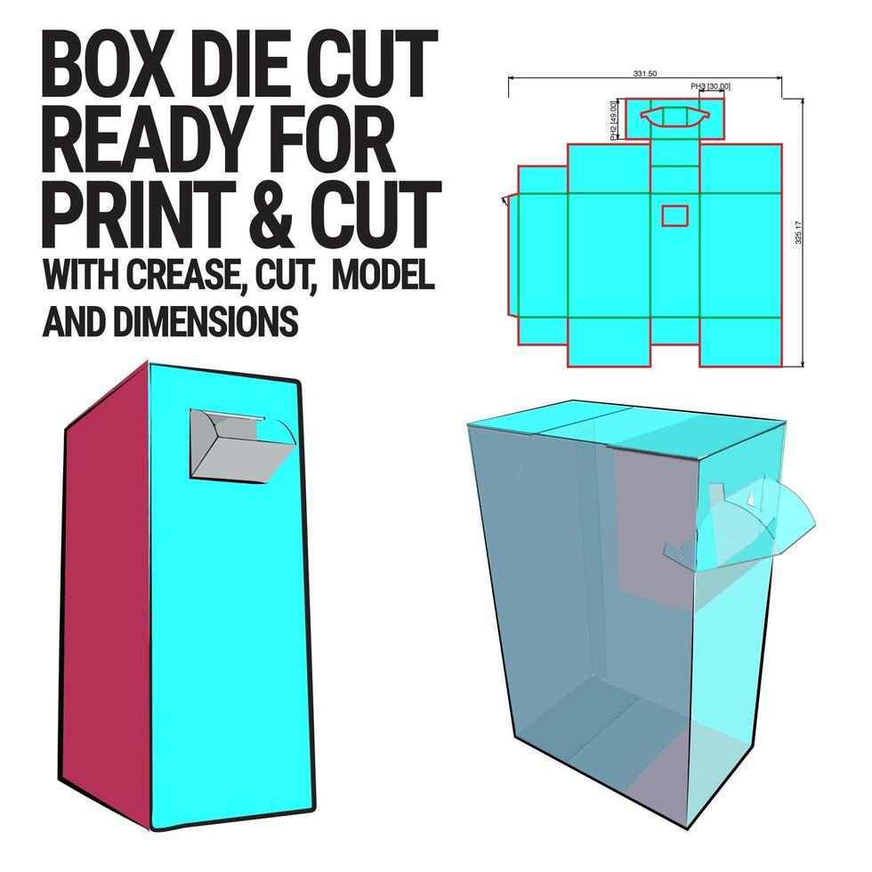 plantilla de cubo troquelado de caja con vista previa 3d organizada con corte, pliegue, modelo y dimensiones listas para cortar e imprimir, a escala completa y completamente funcional. preparado para cartón real vector