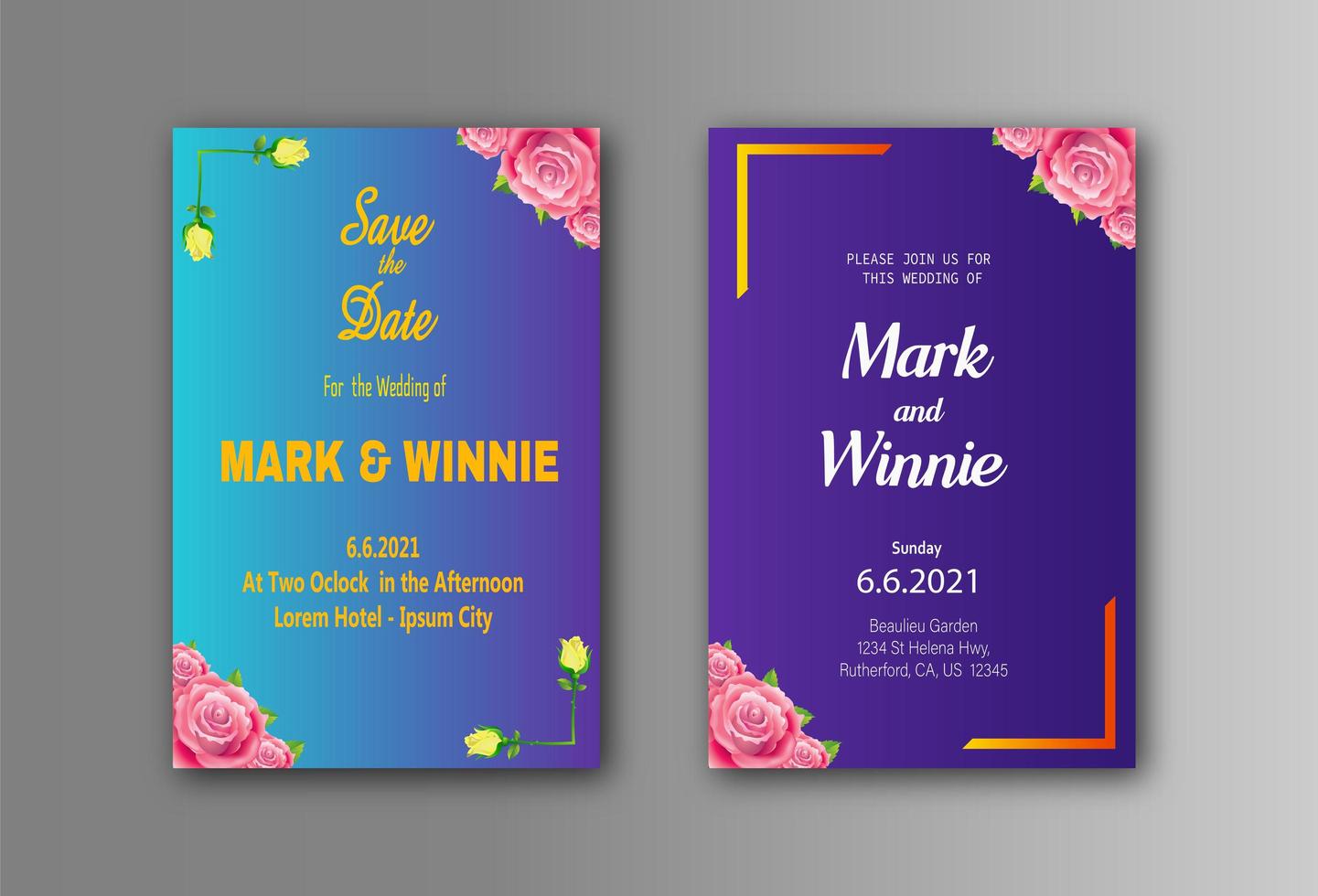 Wedding card invitation template with flower frames with gradient style vector