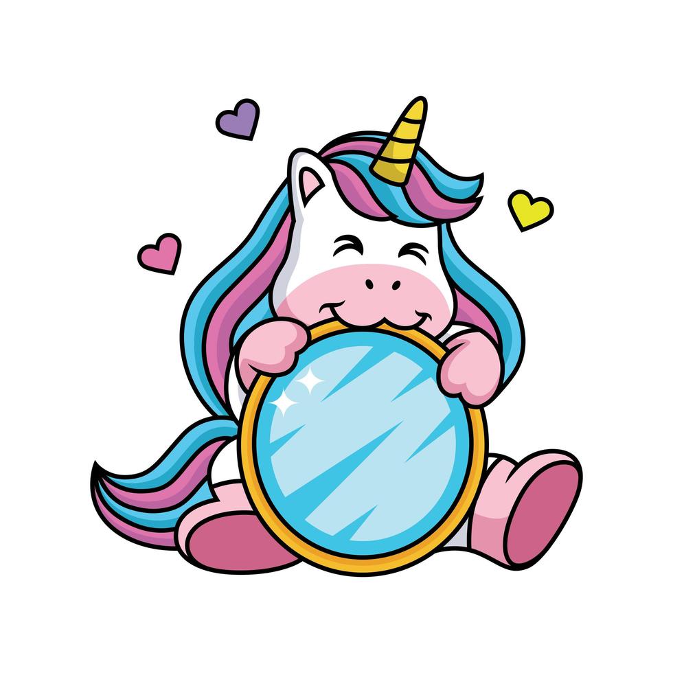 expresión de unicornio de dibujos animados lindo con un espejo vector