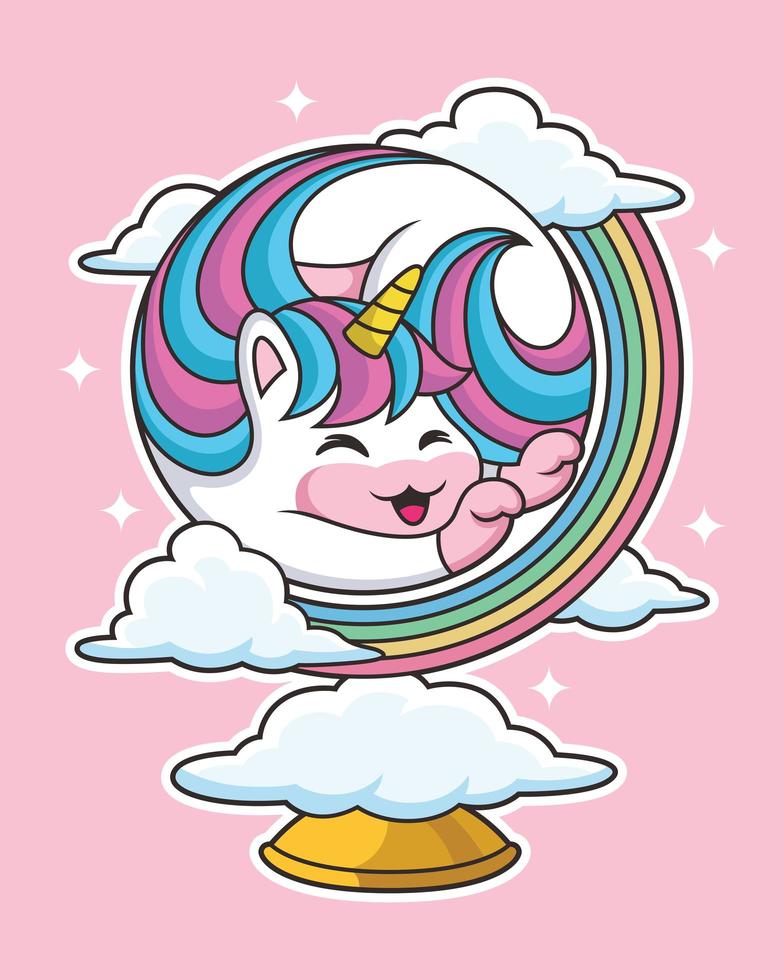 Cute unicorn cartoon with cute pose surrounded by clouds vector