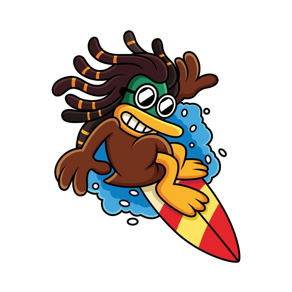 lindo pato surfeando con dibujos animados de expresión fresca vector