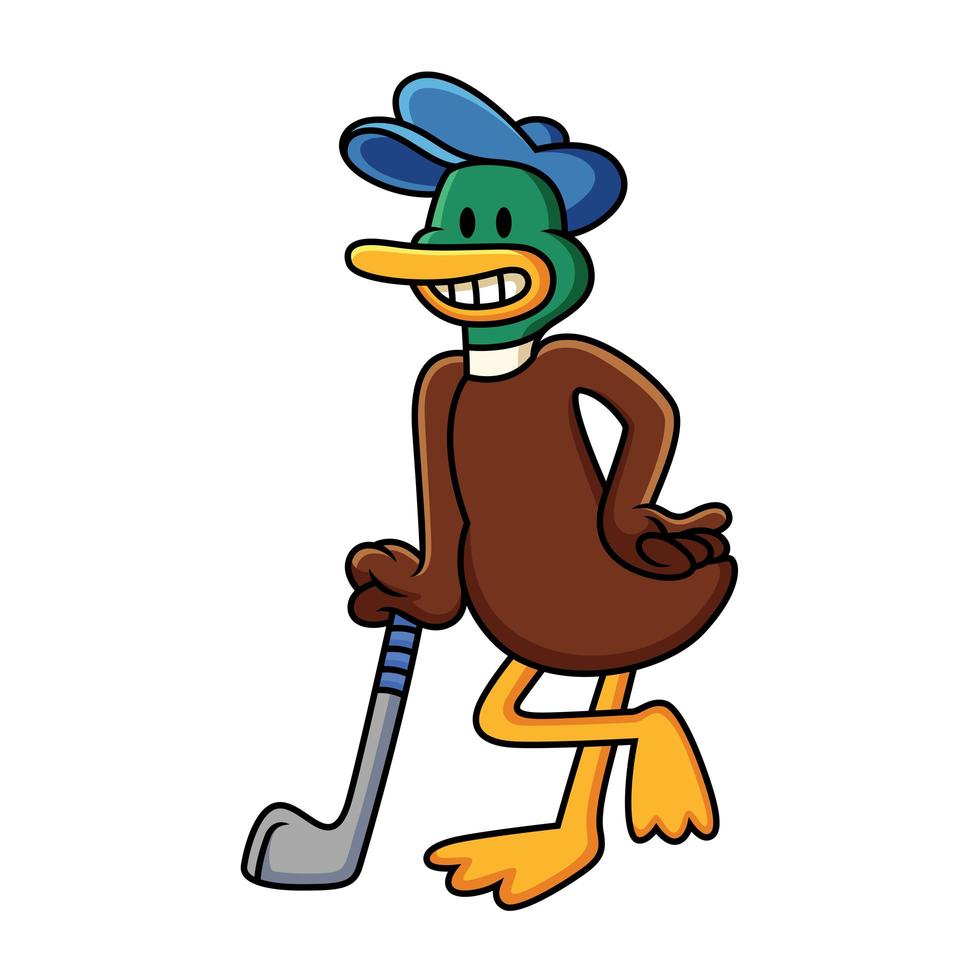 pato de dibujos animados jugando al golf con linda sonrisa. ilustración vectorial de imágenes prediseñadas con gradientes simples en fondo blanco. vector