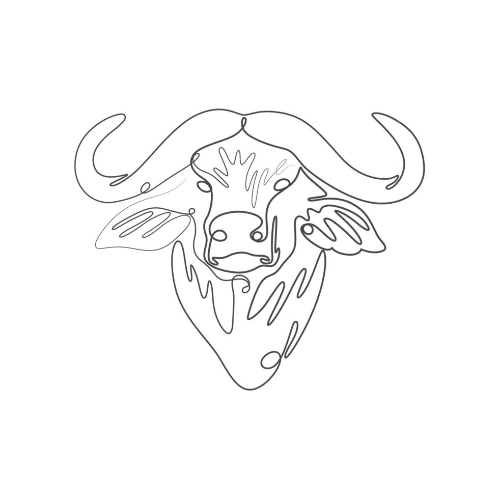 One single line drawing of strong buffalo head. Trendy continuous line draw design vector graphic illustration.