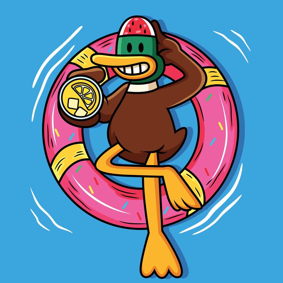 Cute Duck Swimming With Tube And Holding Juice Cartoon vector