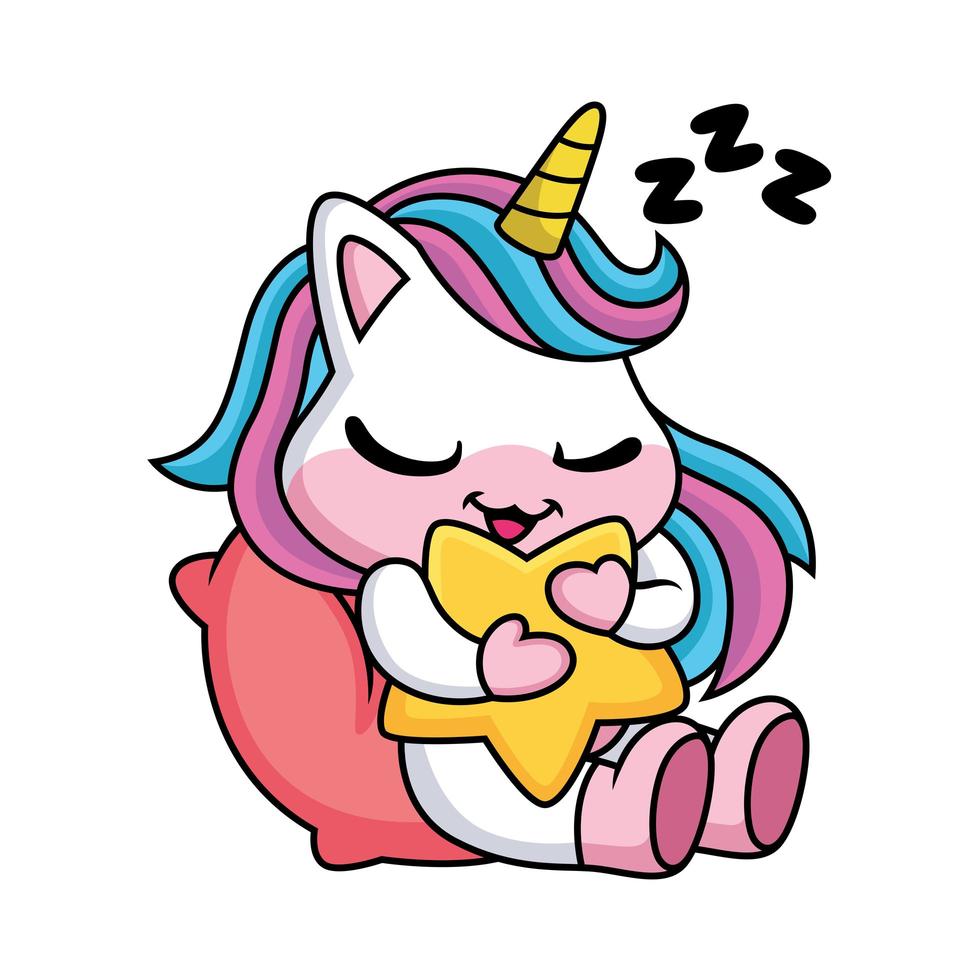 lindo unicornio de dibujos animados durmiendo con estrella vector