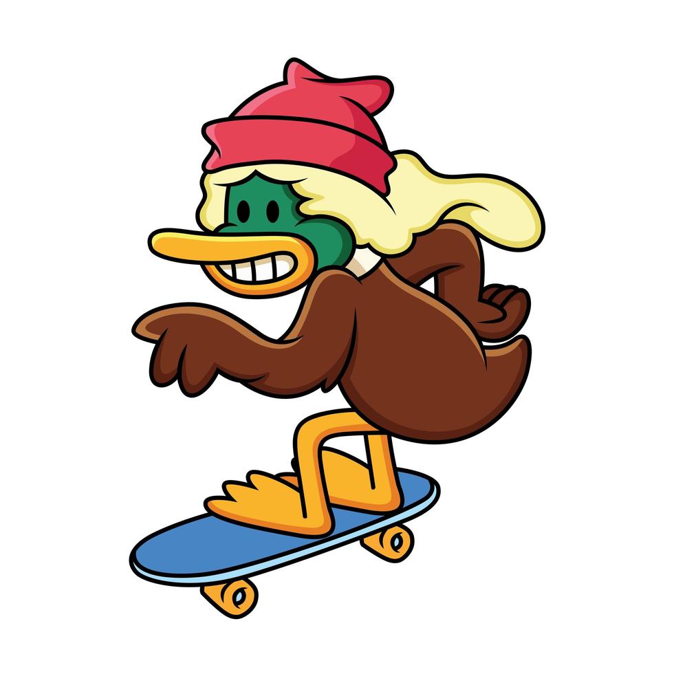 Duck cartoon skateboarding. Vector clip art illustration with simple gradients with funny pose.