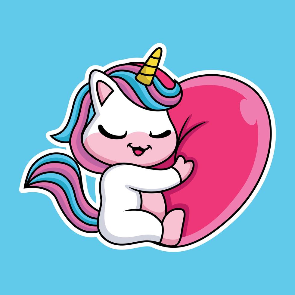 caricatura de unicornio abrazando corazón con pose linda vector