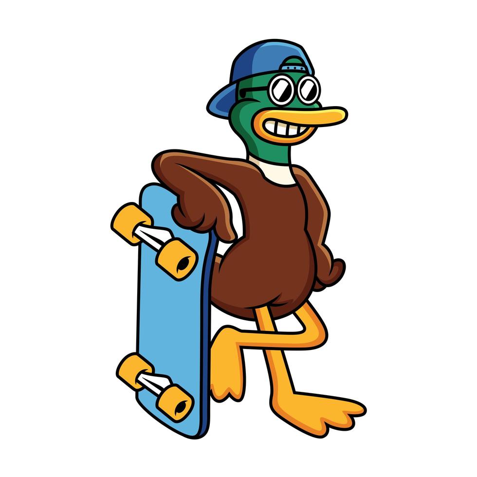 pato fresco con pose divertida con ilustración de dibujos animados de patineta. concepto de icono animal aislado en fondo blanco. vector