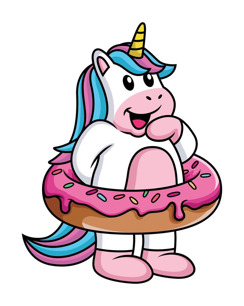 lindo unicornio de dibujos animados con flotador de piscina donut vector