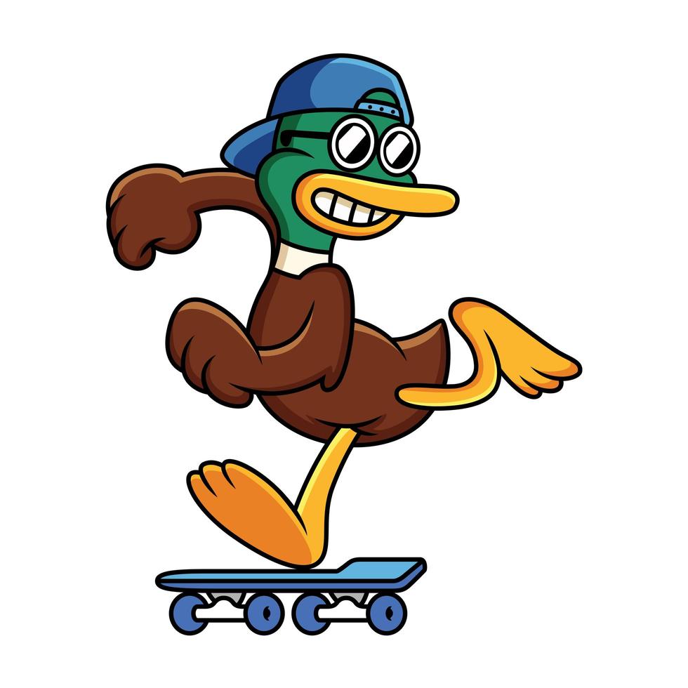 Ilustración de dibujos animados de vector de patinaje lindo pato. gato jugando concepto de skate. dibujos animados de pato.