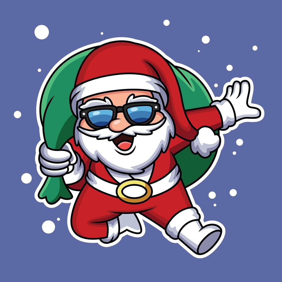 Cute Santa carrying a christmas gift with funny expression. Vector cartoon illustration.