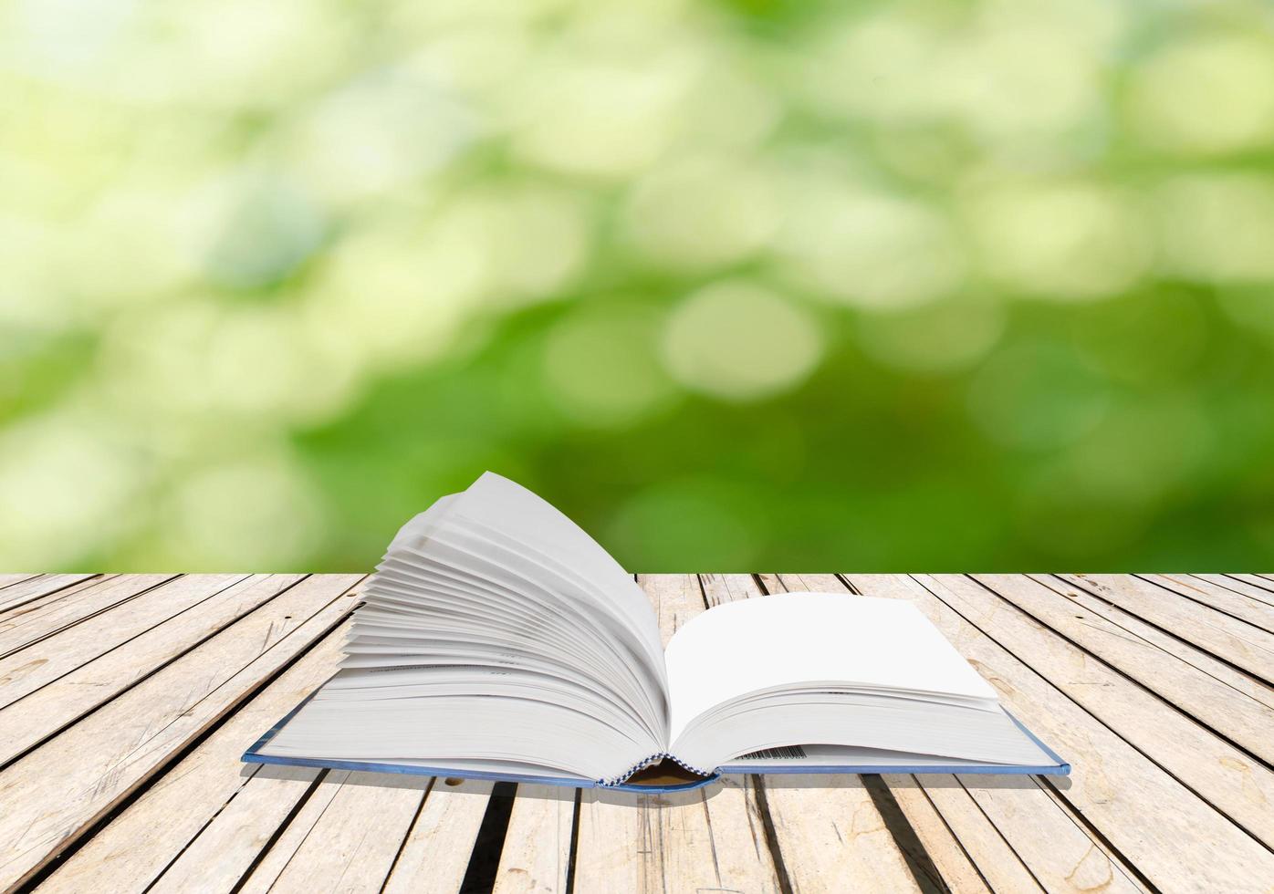 Open book on a wooden deck photo