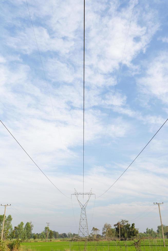 Líneas de transmisión de electricidad sobre campos de arroz. foto