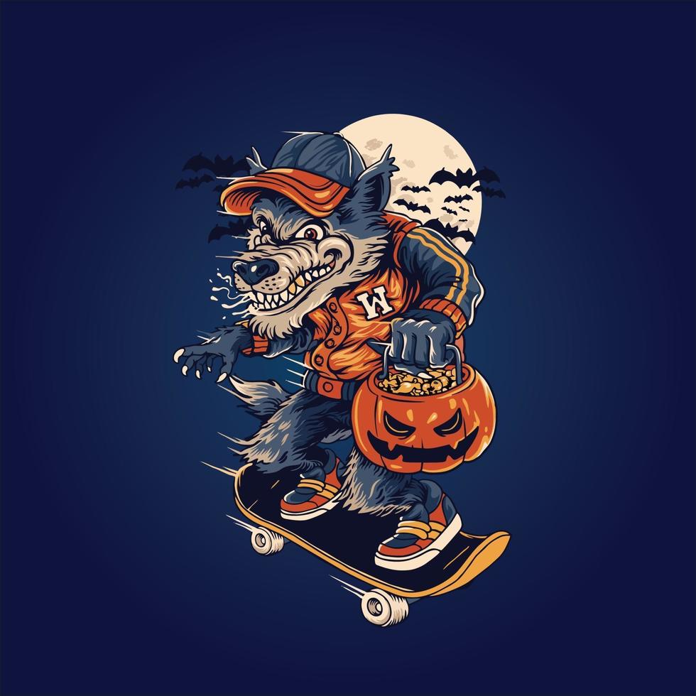 Wolf Skateboarding with Halloween Pumpkin Vector Illustration