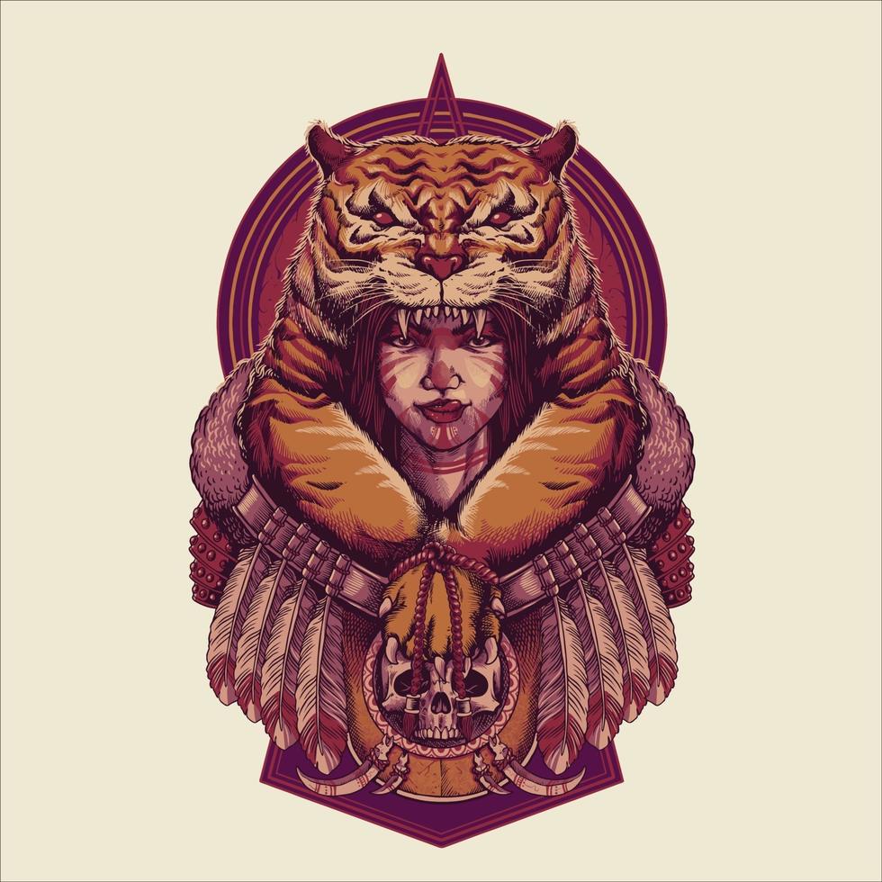 Vintage Tiger Girl Mystical Vector Illustration