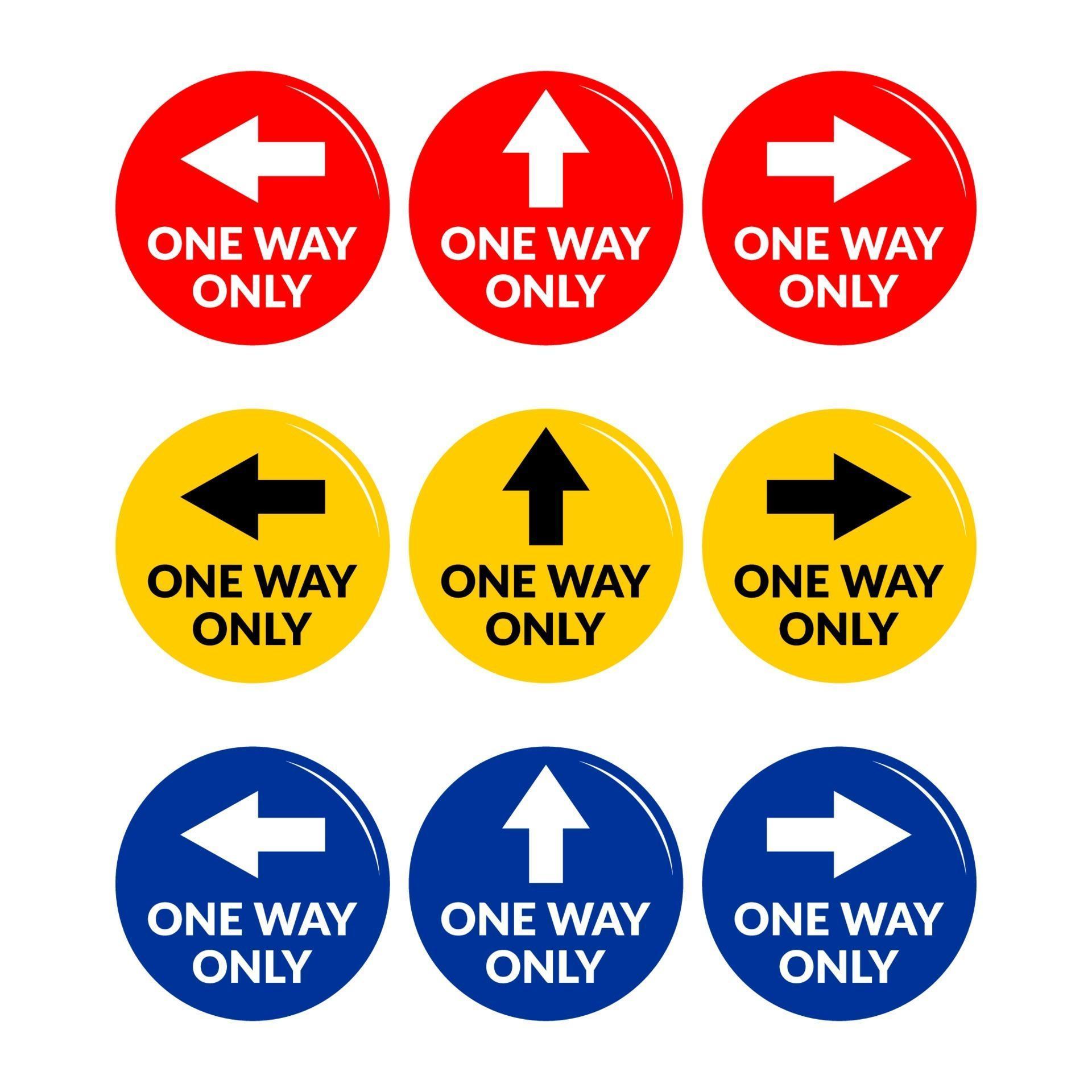 Set of One Way Only Round Floor Marking Sticker or Adhesive Icon with