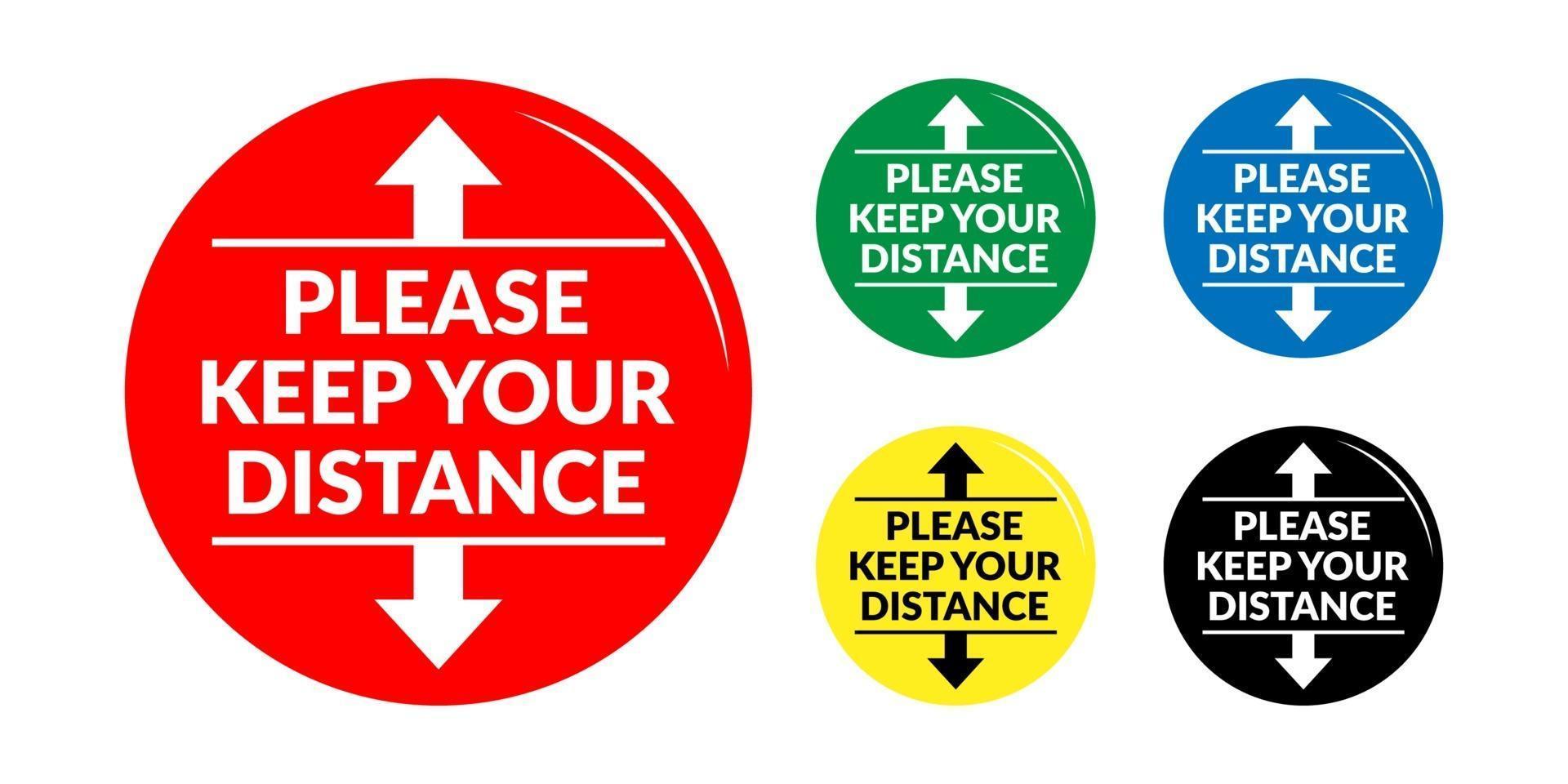 Set of Please Keep Your Distance Round Social Distancing Badge or Floor Marking Sticker Icon For Queue Line. Vector Image.