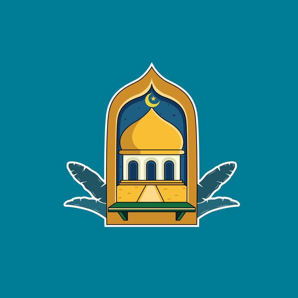 Muslim mosque isolated on blue background. Vector cartoon illustration.